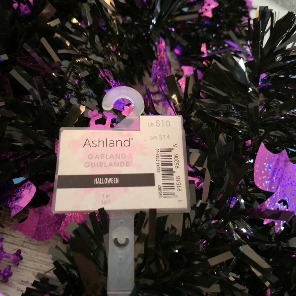Ashland Halloween Tinsel Garland 12 FT Black with Holographic Purple Bats